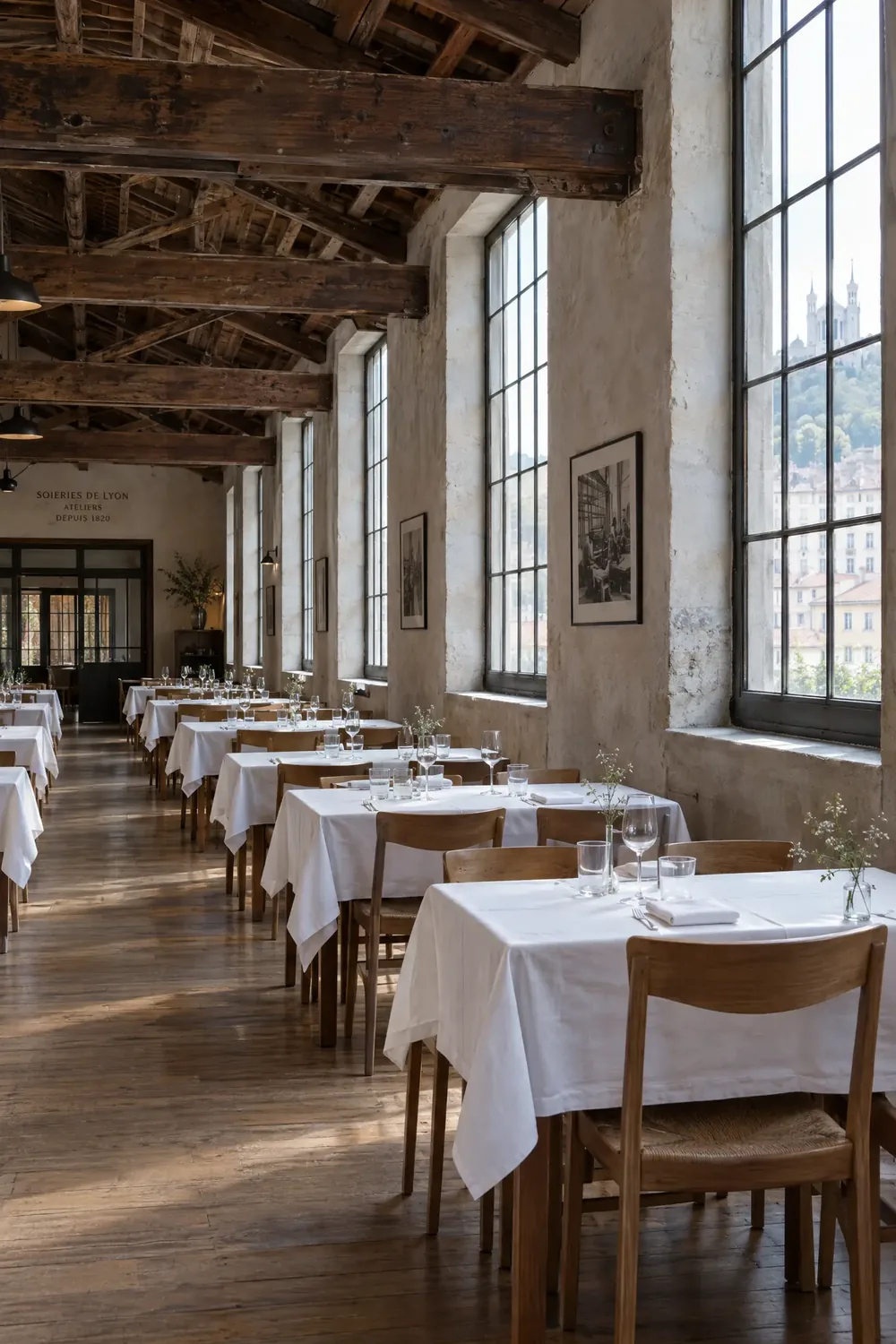Les tables de la salle, sous les poutres de l'ancien atelier.