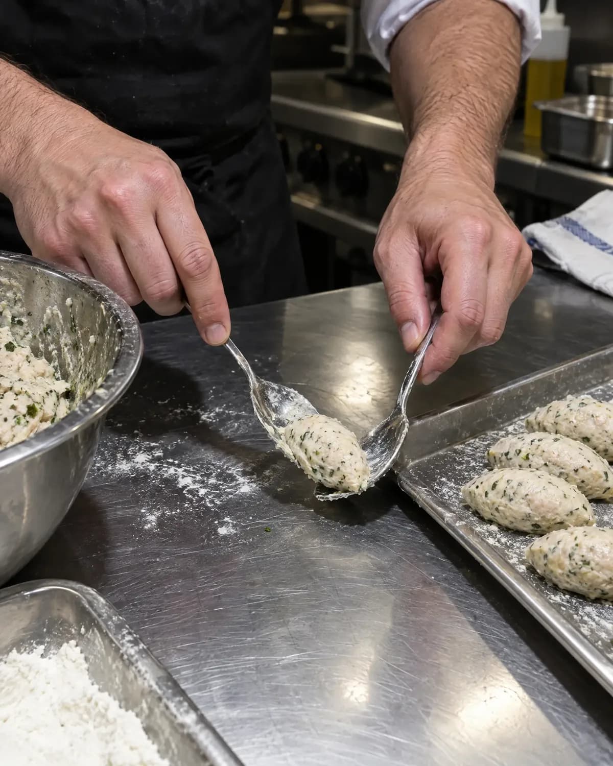 Des mains qui façonnent des quenelles sur l'inox de la cuisine.