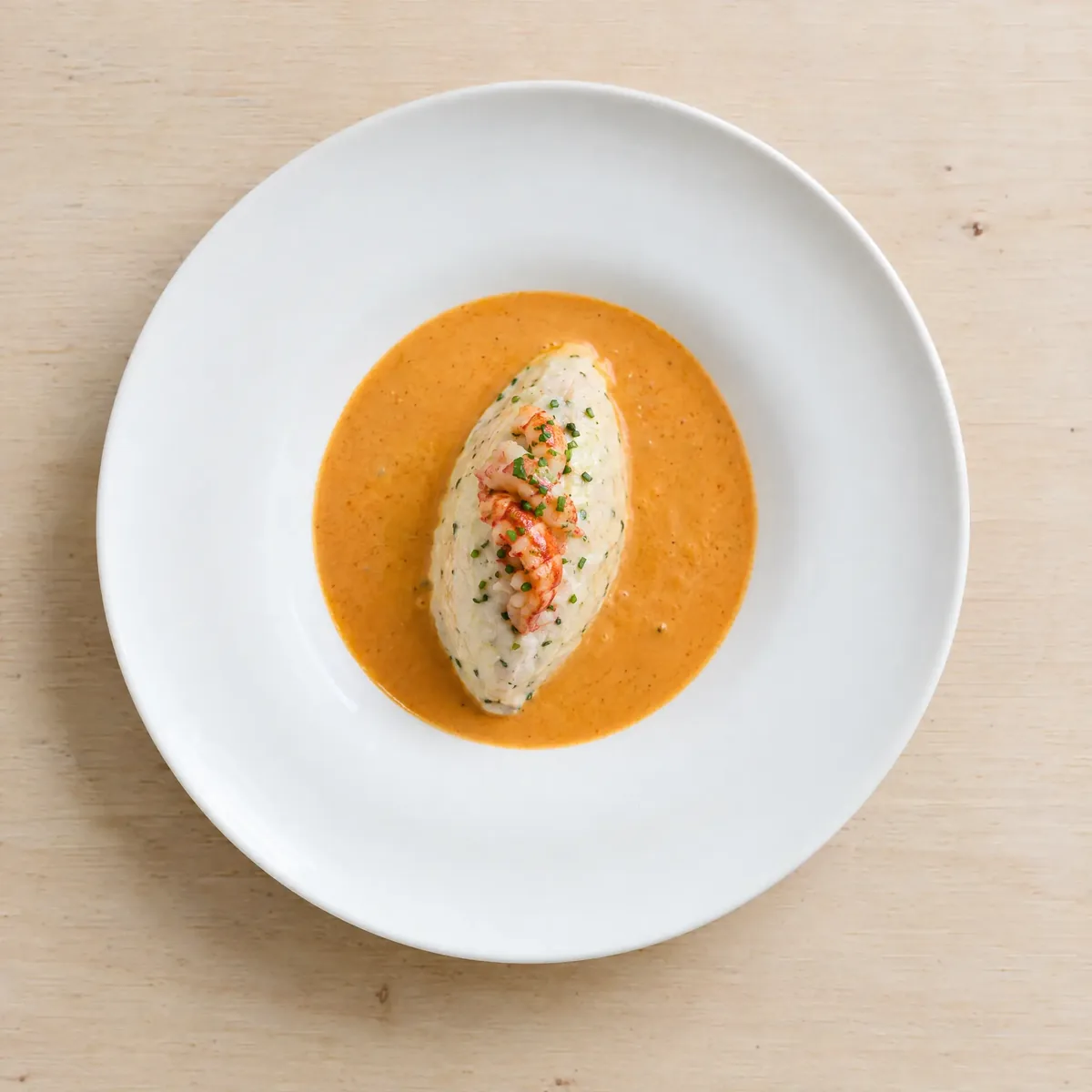 Vue de dessus : une quenelle de brochet, sauce Nantua, sur une assiette blanche.