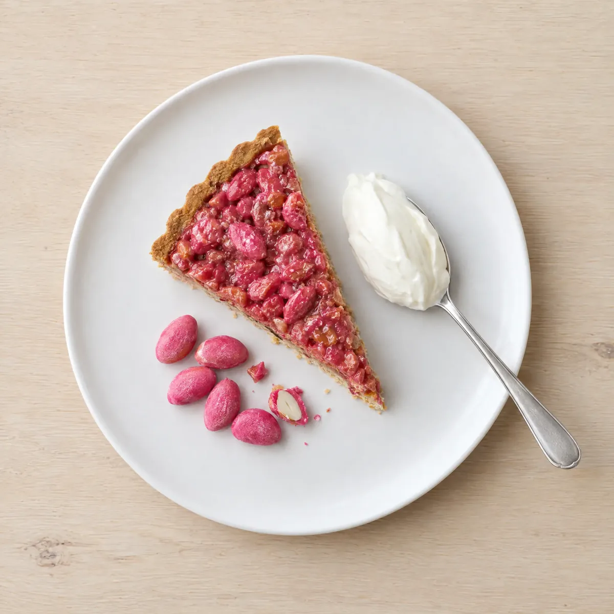 Vue de dessus : une part de tarte aux pralines roses.