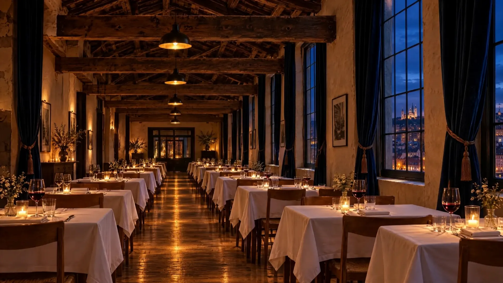 La salle de Navette à l'heure bleue : la longue salle sous les poutres, des bougies sur les tables dressées, Fourvière illuminée derrière les hautes fenêtres.